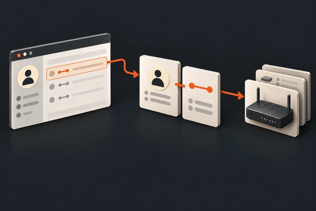 A customer portal selection leads to linked customer and line records, then to a device inventory record. Orange arrows show the request path.